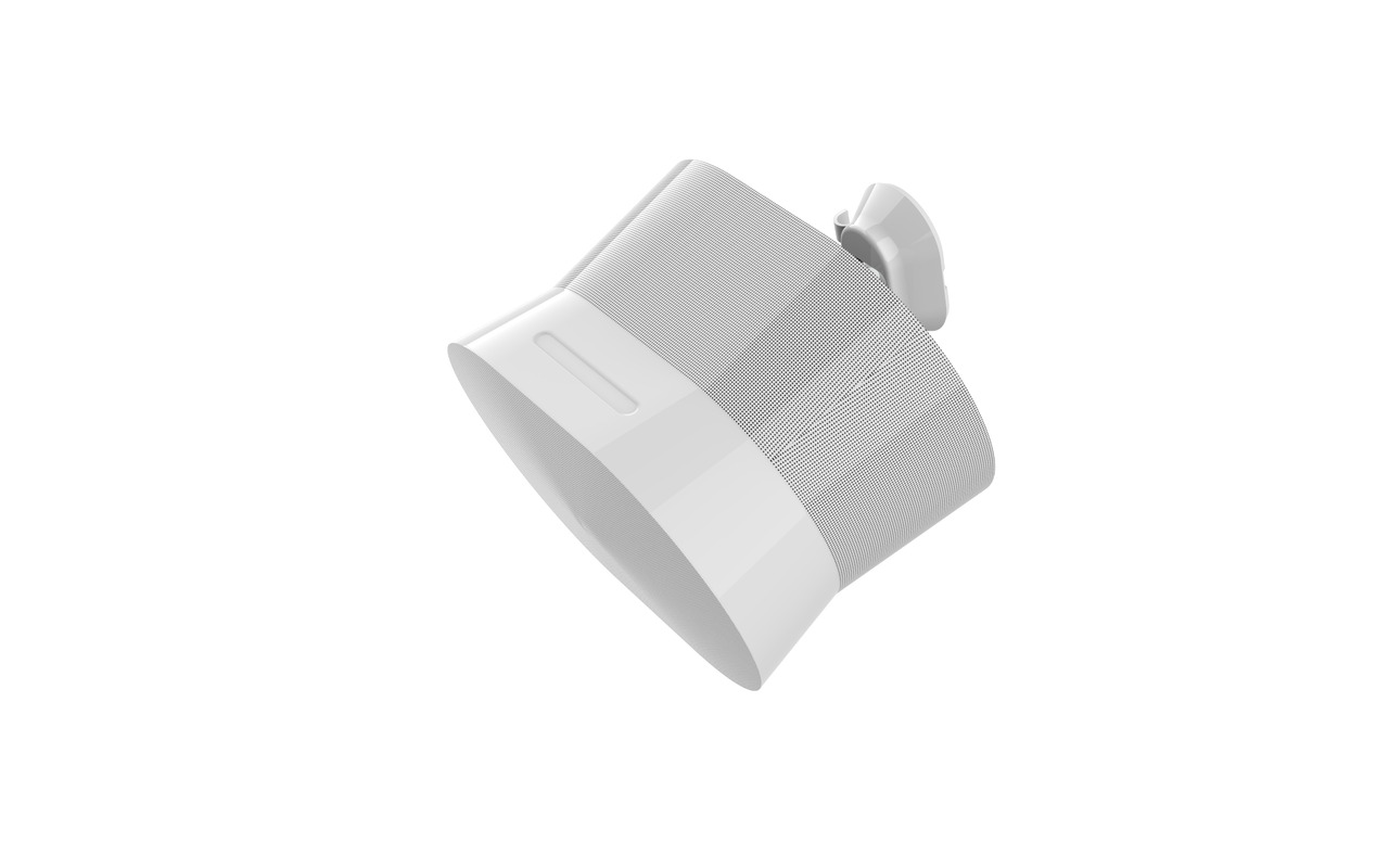 Ein weißer Sonos Era 300 Lautsprecher ist mit einer Wandhalterung versehen.