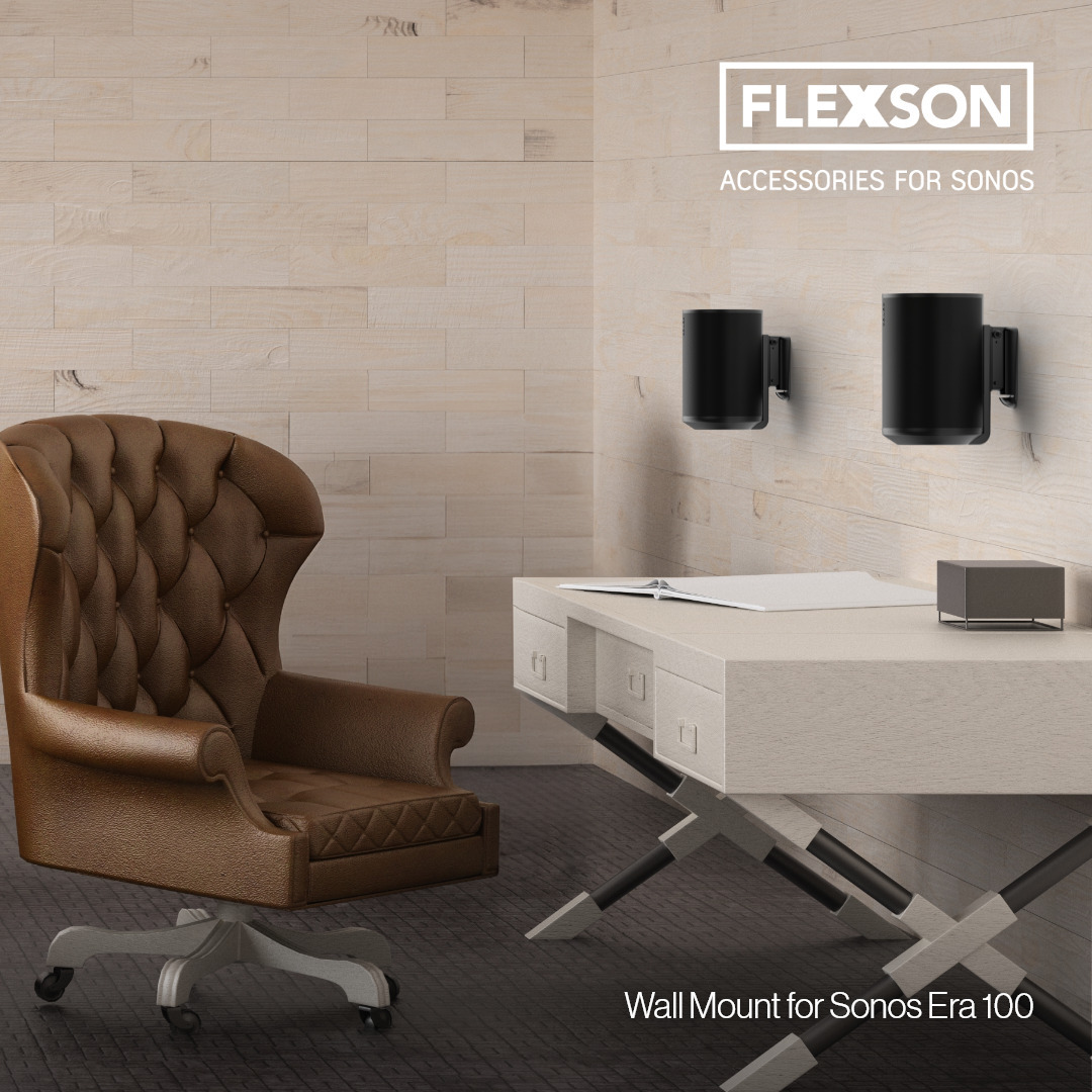 An einer Wand über einem Schreibtisch wurden zwei schwarze Sonos Era 100 Lautsprecher mit Wandhalterungen befestigt.